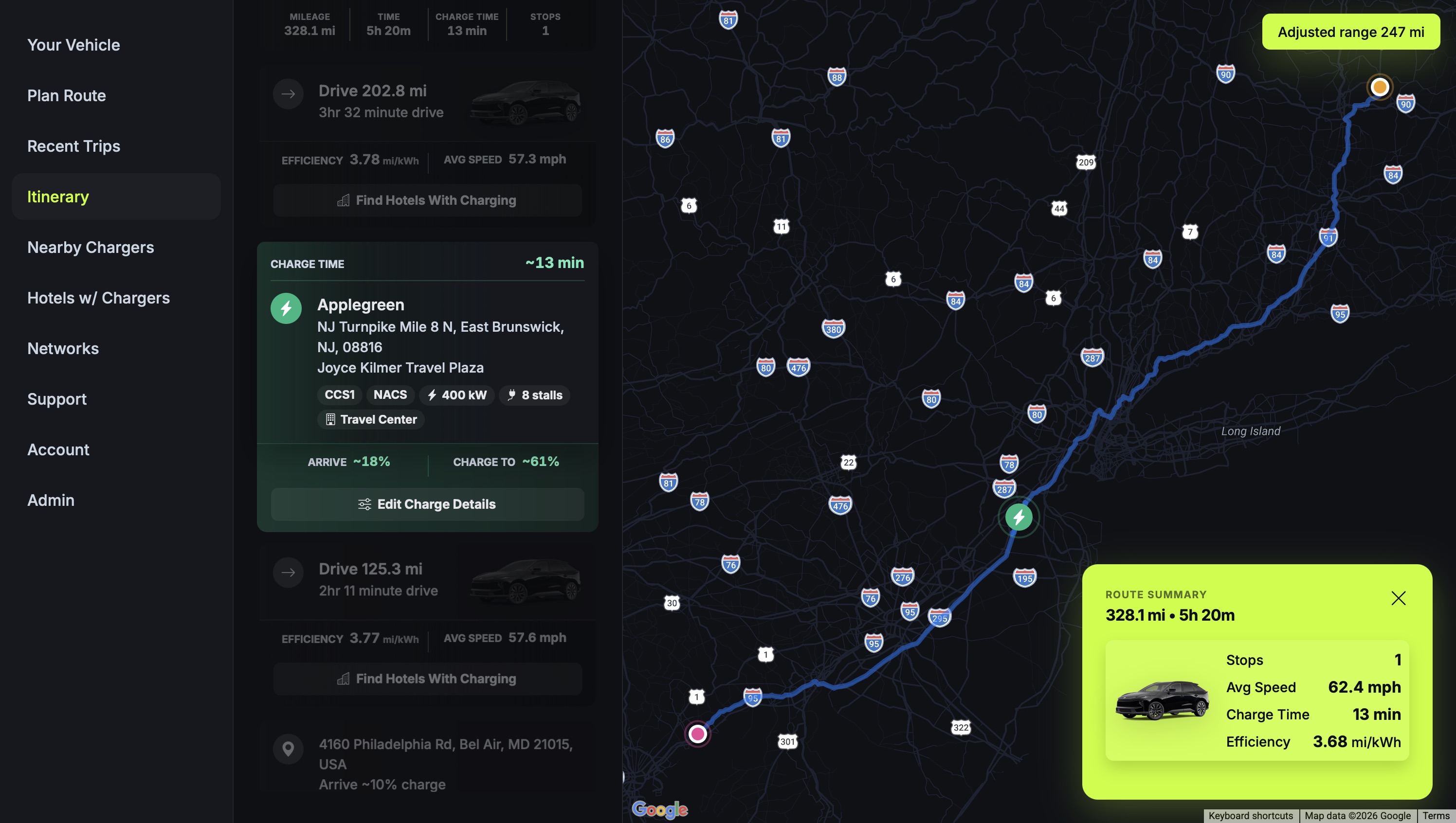 Toyota EV Route Planner dark dashboard preview